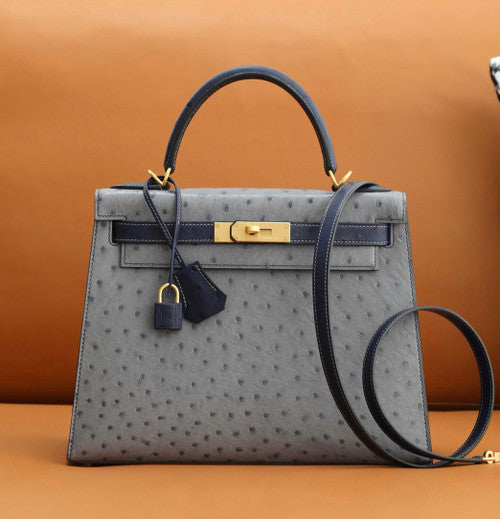 Hermes Special Order  Kelly 28 Sellier Gris Agathe /Bleu Iris  Ostrich Gold Hardware