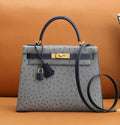 Hermes Special Order  Kelly 28 Sellier Gris Agathe /Bleu Iris  Ostrich Gold Hardware