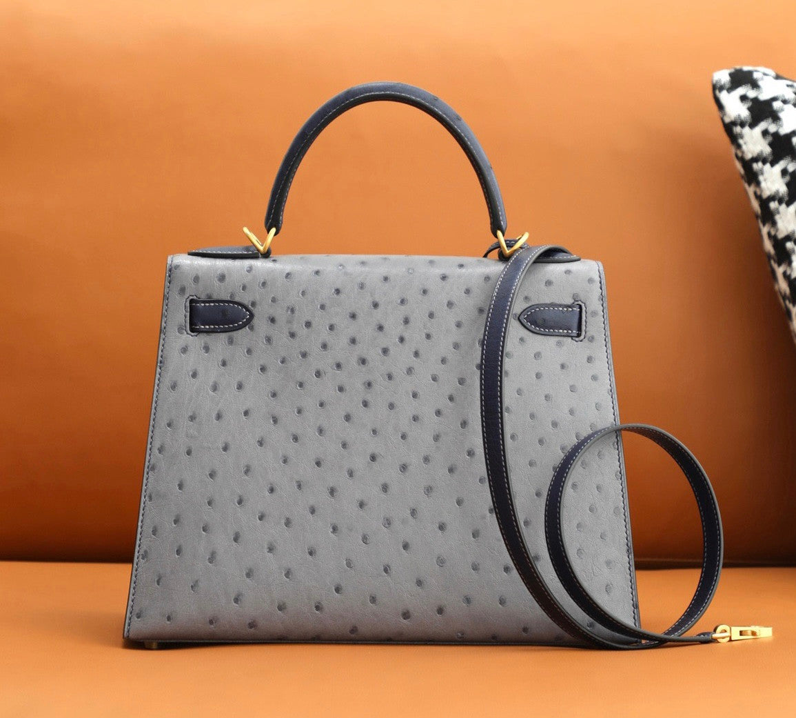 Hermes Special Order  Kelly 28 Sellier Gris Agathe /Bleu Iris  Ostrich Gold Hardware