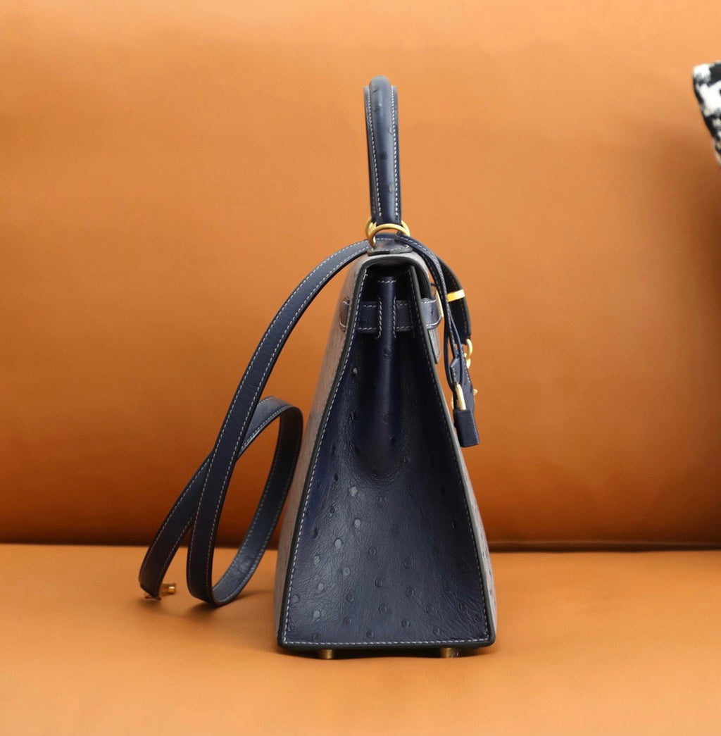 Hermes Special Order  Kelly 28 Sellier Gris Agathe /Bleu Iris  Ostrich Gold Hardware