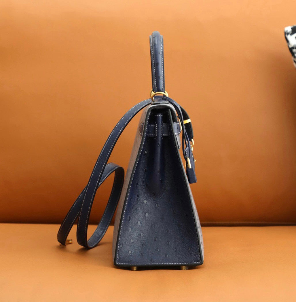 Hermes Special Order  Kelly 28 Sellier Gris Agathe /Bleu Iris  Ostrich Gold Hardware
