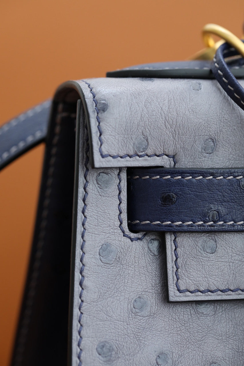Hermes Special Order  Kelly 28 Sellier Gris Agathe /Bleu Iris  Ostrich Gold Hardware