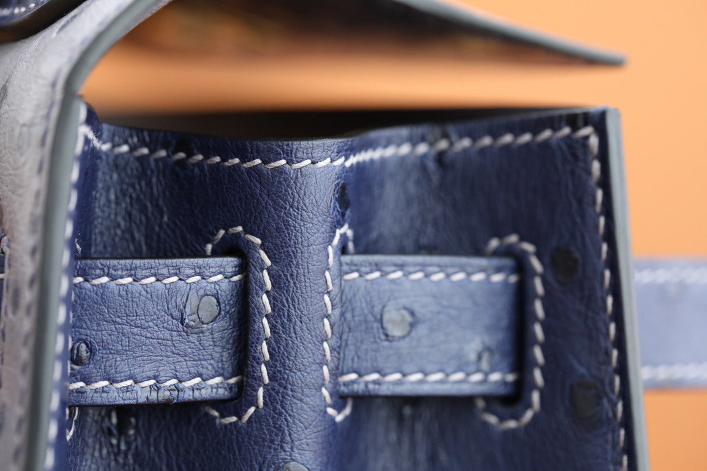 Hermes Special Order  Kelly 28 Sellier Gris Agathe /Bleu Iris  Ostrich Gold Hardware