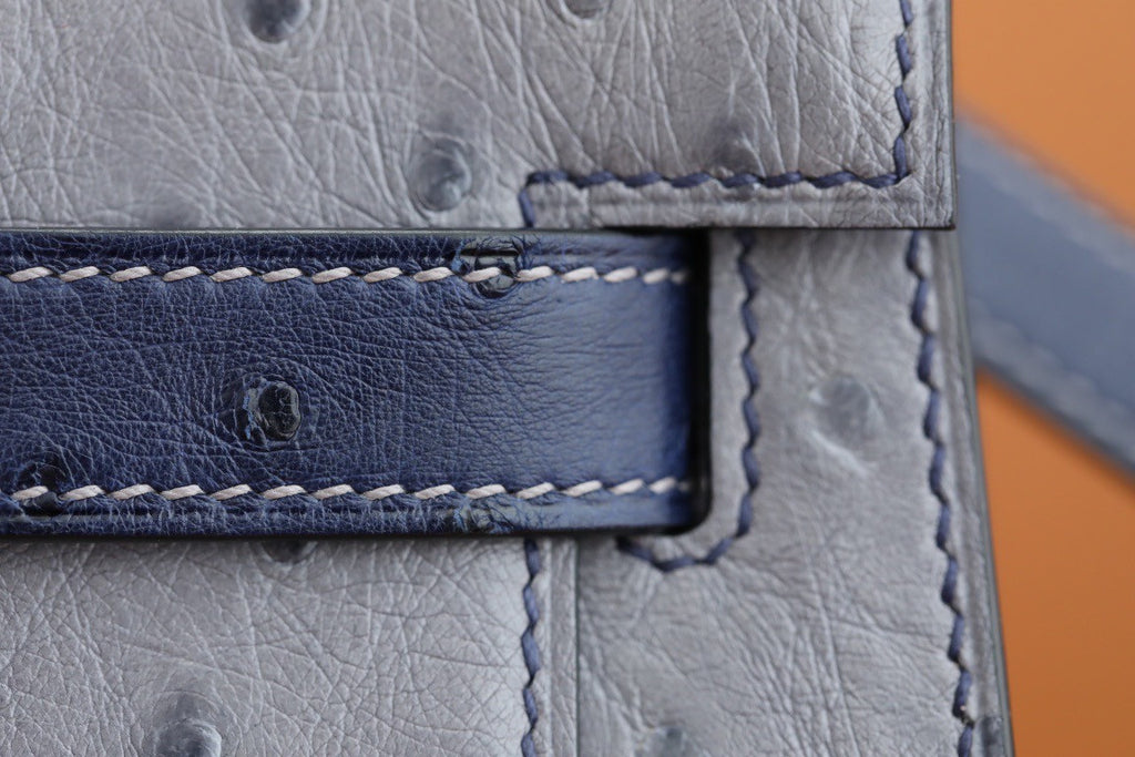 Hermes Special Order  Kelly 28 Sellier Gris Agathe /Bleu Iris  Ostrich Gold Hardware