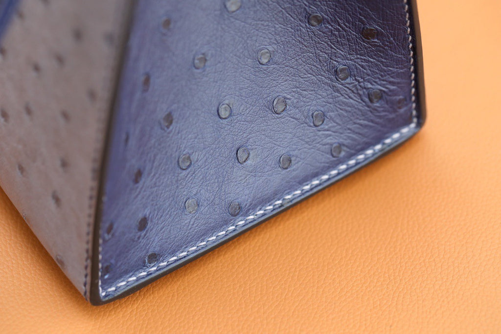 Hermes Special Order  Kelly 28 Sellier Gris Agathe /Bleu Iris  Ostrich Gold Hardware