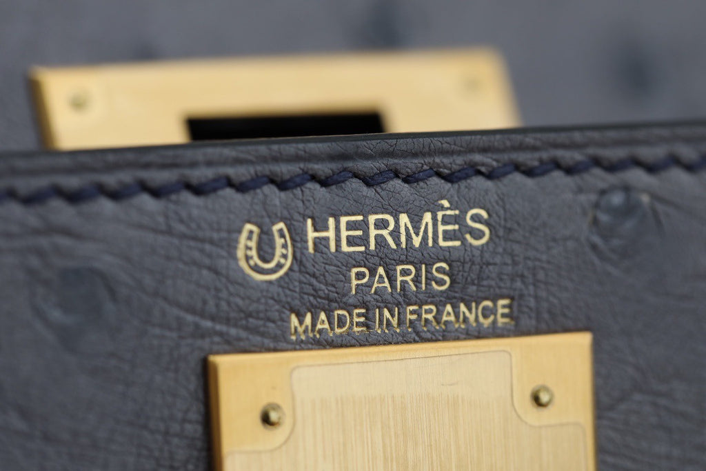 Hermes Special Order  Kelly 28 Sellier Gris Agathe /Bleu Iris  Ostrich Gold Hardware