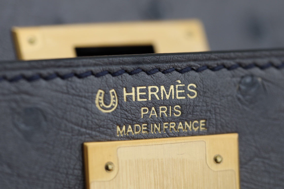 Hermes Special Order  Kelly 28 Sellier Gris Agathe /Bleu Iris  Ostrich Gold Hardware