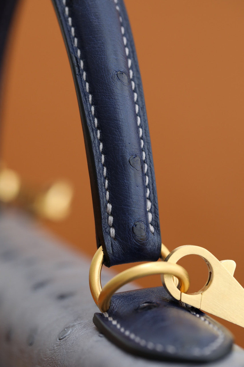 Hermes Special Order  Kelly 28 Sellier Gris Agathe /Bleu Iris  Ostrich Gold Hardware
