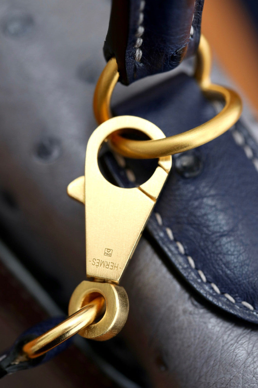 Hermes Special Order  Kelly 28 Sellier Gris Agathe /Bleu Iris  Ostrich Gold Hardware