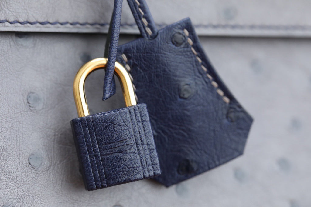 Hermes Special Order  Kelly 28 Sellier Gris Agathe /Bleu Iris  Ostrich Gold Hardware