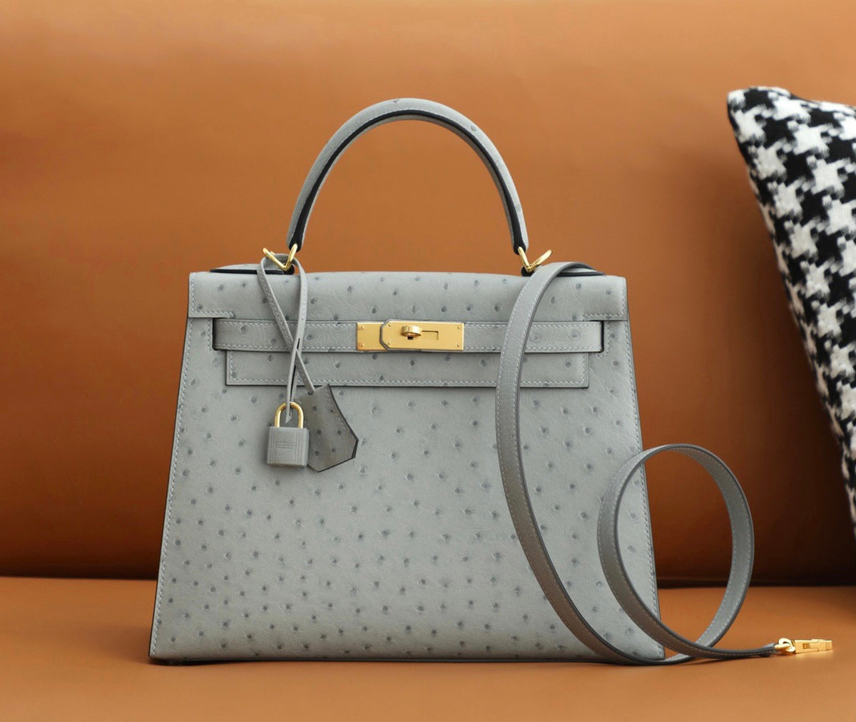Hermes Blue Glacier Kelly Bag 28cm KK Ostrich Leather Gold Hardware
