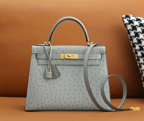 Hermes Blue Glacier Kelly Bag 28cm KK Ostrich Leather Gold Hardware