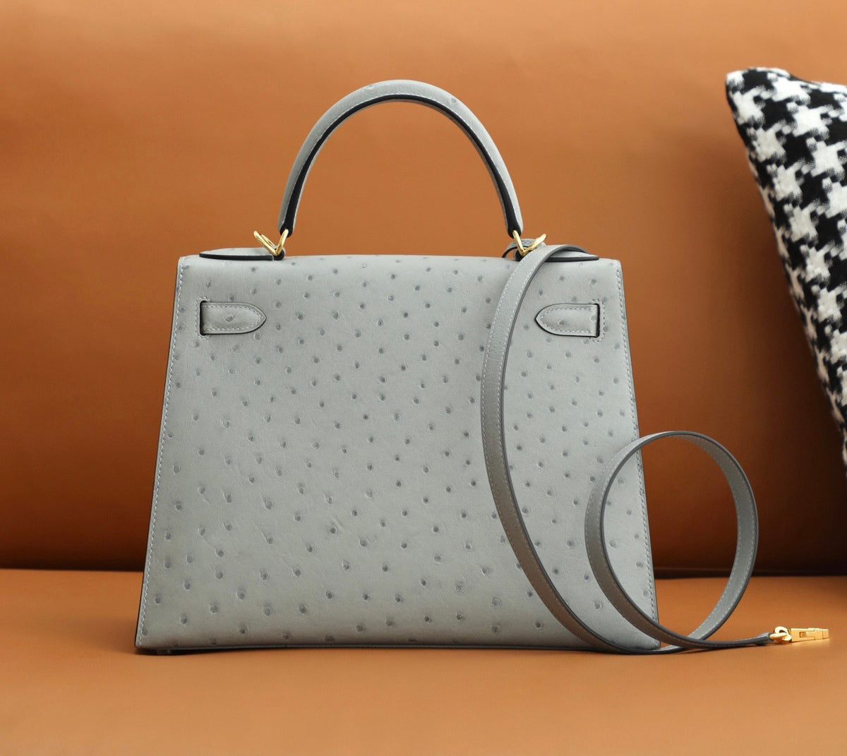 Hermes Blue Glacier Kelly Bag 28cm KK Ostrich Leather Gold Hardware
