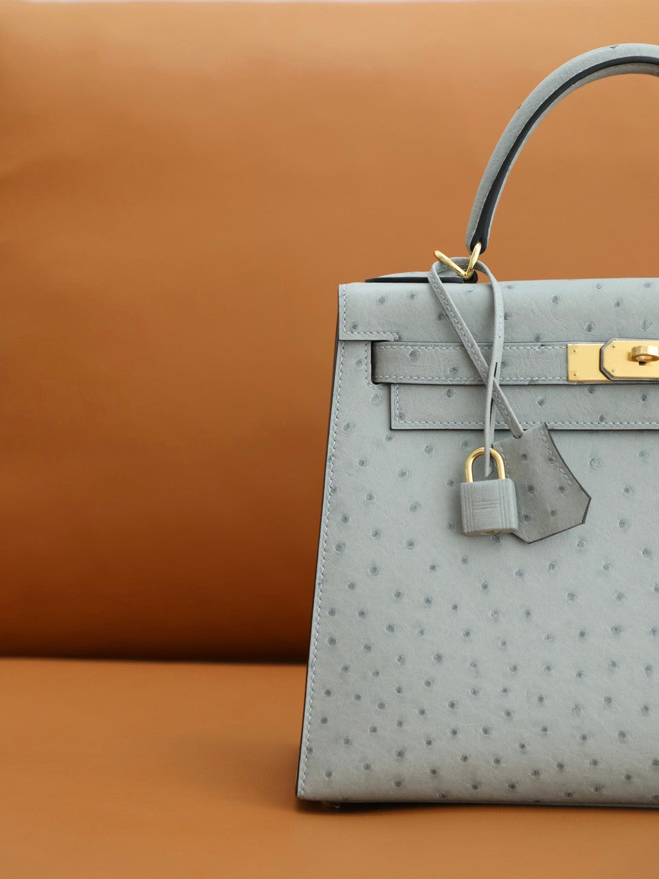 Hermes Blue Glacier Kelly Bag 28cm KK Ostrich Leather Gold Hardware