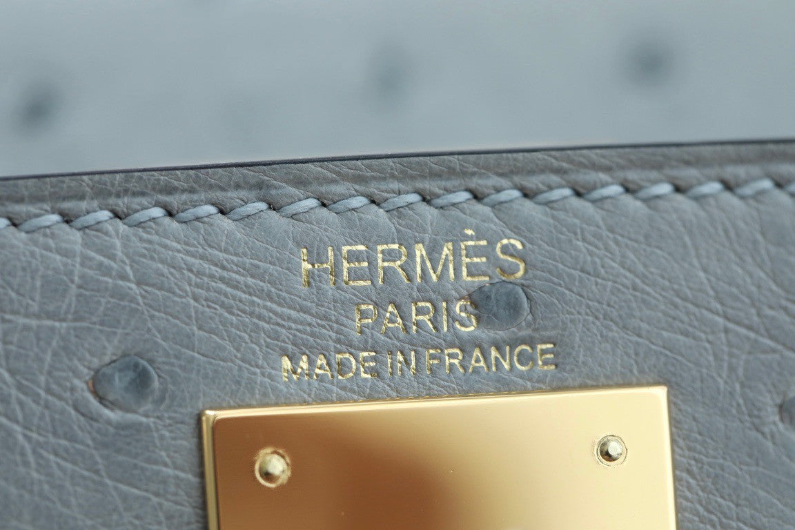 Hermes Blue Glacier Kelly Bag 28cm KK Ostrich Leather Gold Hardware