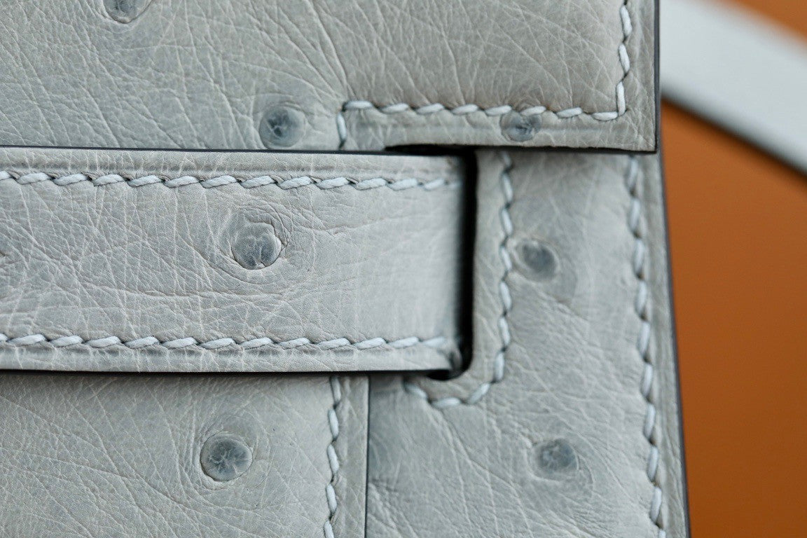 Hermes Blue Glacier Kelly Bag 28cm KK Ostrich Leather Gold Hardware