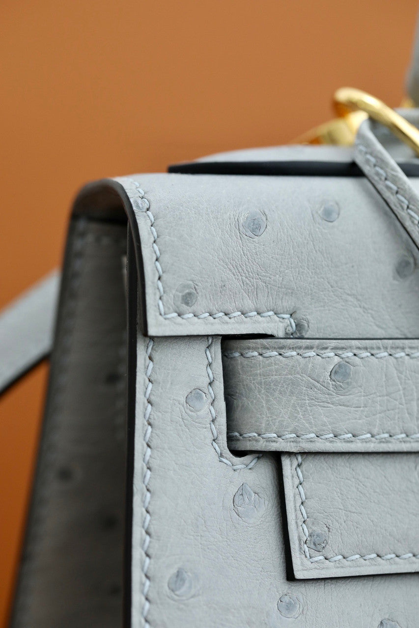 Hermes Blue Glacier Kelly Bag 28cm KK Ostrich Leather Gold Hardware