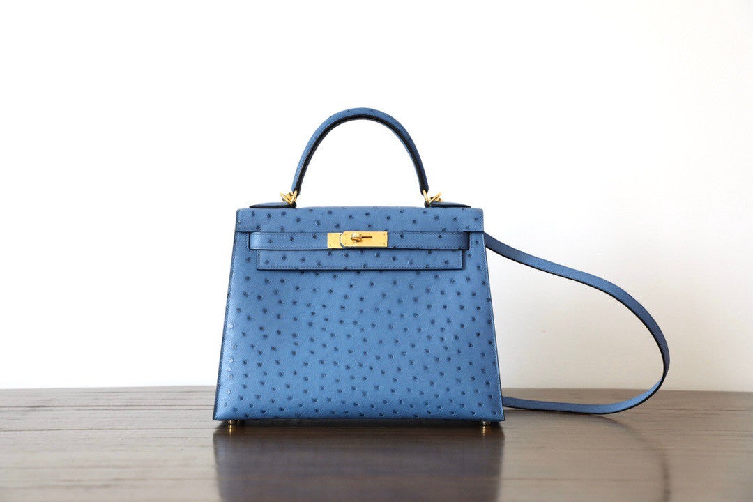 Hermes Blue de Presse Kelly Bag 28cm KK Ostrich Leather Gold Hardware
