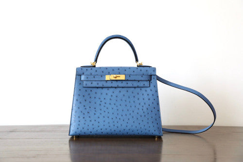 Hermes Blue de Presse Kelly Bag 28cm KK Ostrich Leather Gold Hardware