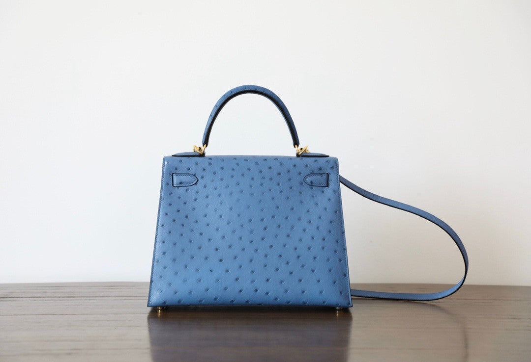 Hermes Blue de Presse Kelly Bag 28cm KK Ostrich Leather Gold Hardware