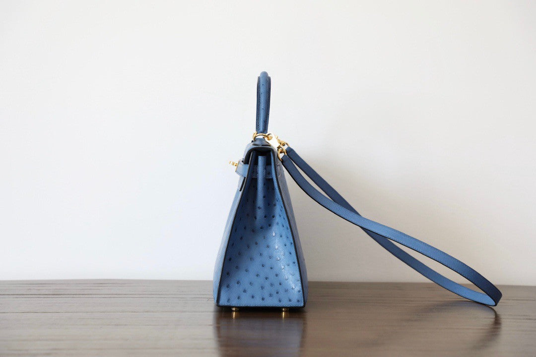 Hermes Blue de Presse Kelly Bag 28cm KK Ostrich Leather Gold Hardware