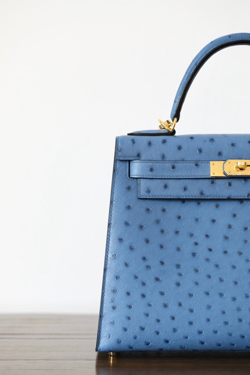 Hermes Blue de Presse Kelly Bag 28cm KK Ostrich Leather Gold Hardware