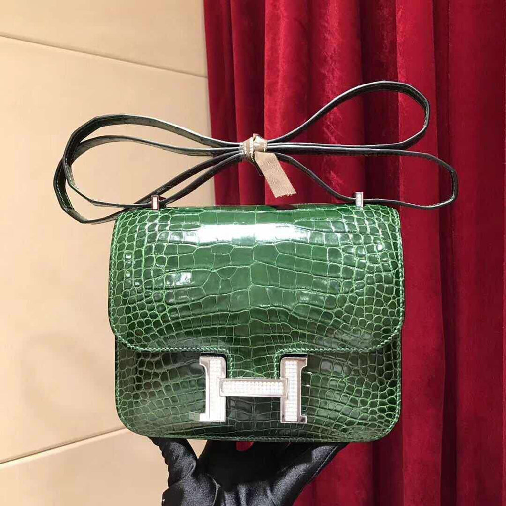 Hermes 1L Cacti Green Crocodile Shiny Leather  Constance 18 Bag with 18-karat white gold and diamond