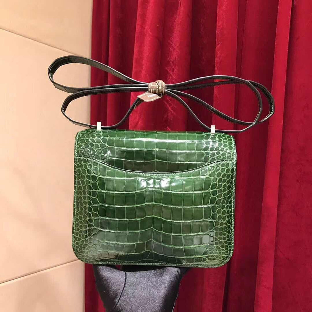 Hermes 1L Cacti Green Crocodile Shiny Leather  Constance 18 Bag with 18-karat white gold and diamond