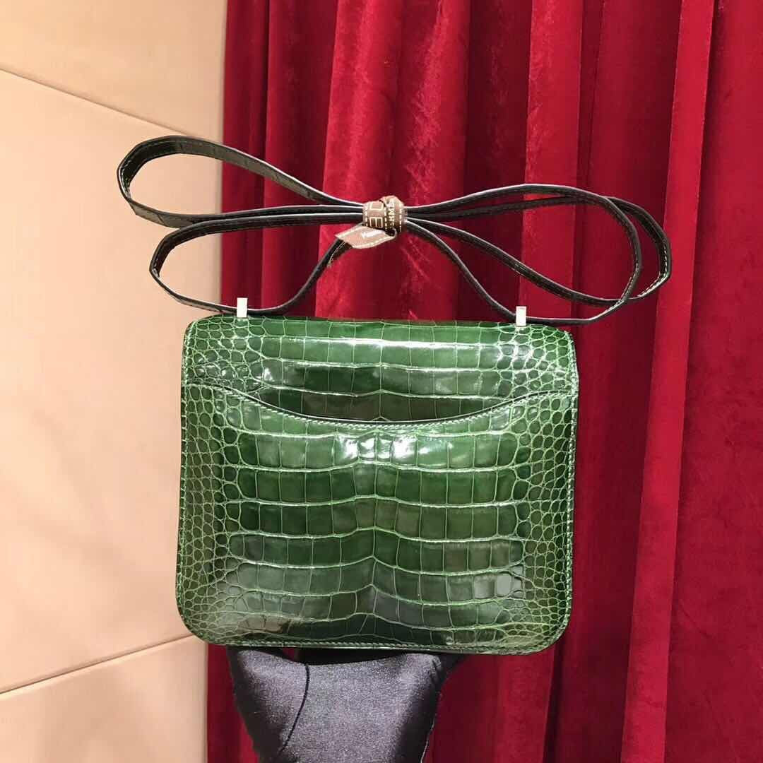 Hermes 1L Cacti Green Crocodile Shiny Leather  Constance 18 Bag with 18-karat white gold and diamond