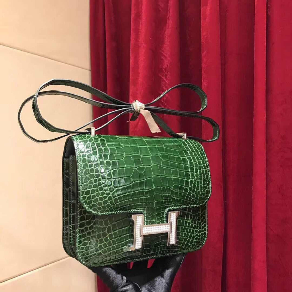 Hermes 1L Cacti Green Crocodile Shiny Leather  Constance 18 Bag with 18-karat white gold and diamond