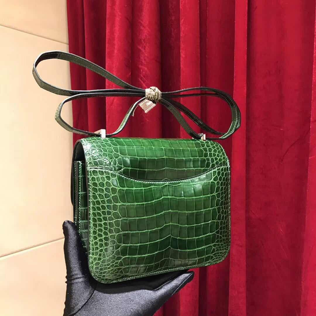 Hermes 1L Cacti Green Crocodile Shiny Leather  Constance 18 Bag with 18-karat white gold and diamond