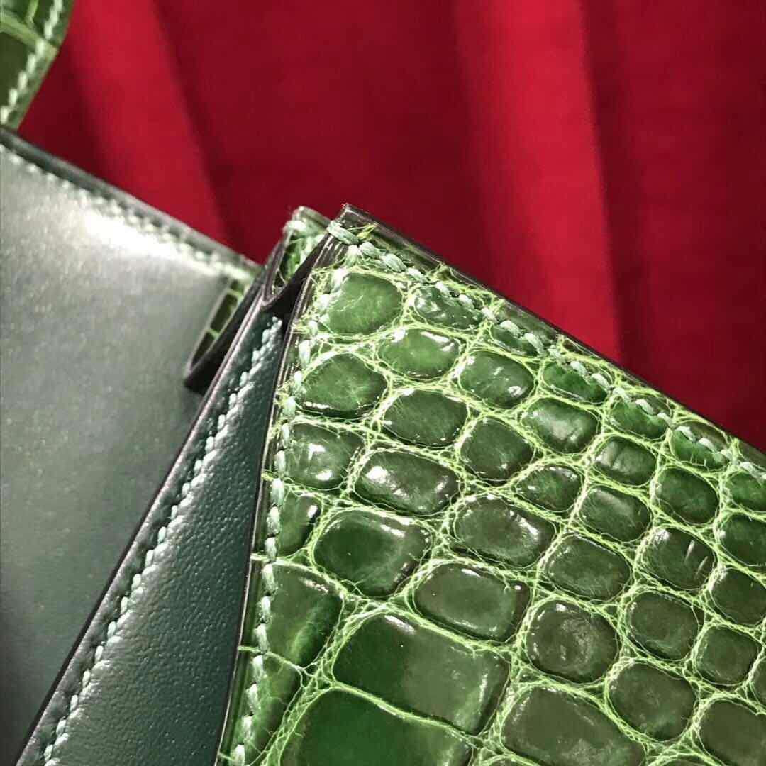 Hermes 1L Cacti Green Crocodile Shiny Leather  Constance 18 Bag with 18-karat white gold and diamond