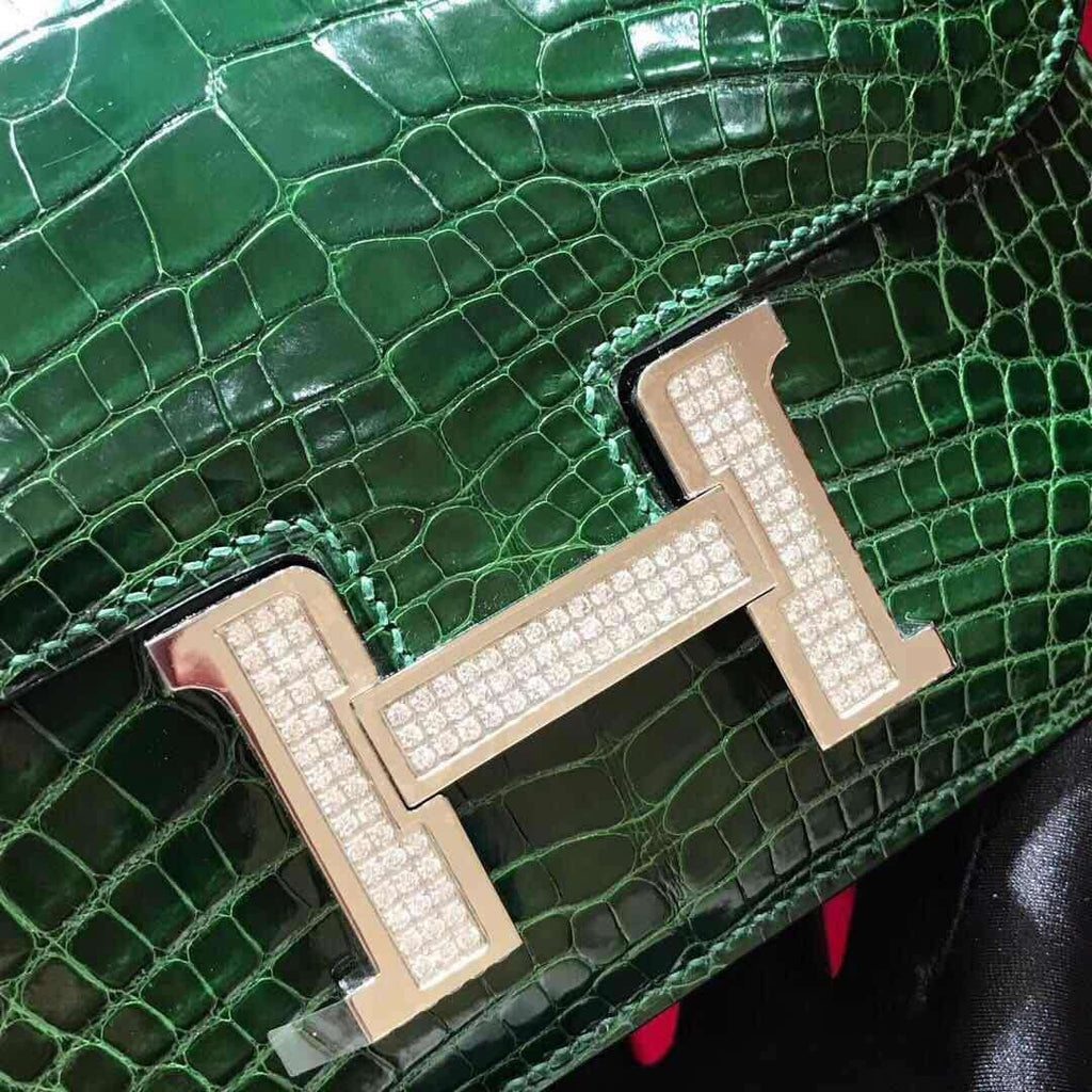 Hermes 1L Cacti Green Crocodile Shiny Leather  Constance 18 Bag with 18-karat white gold and diamond
