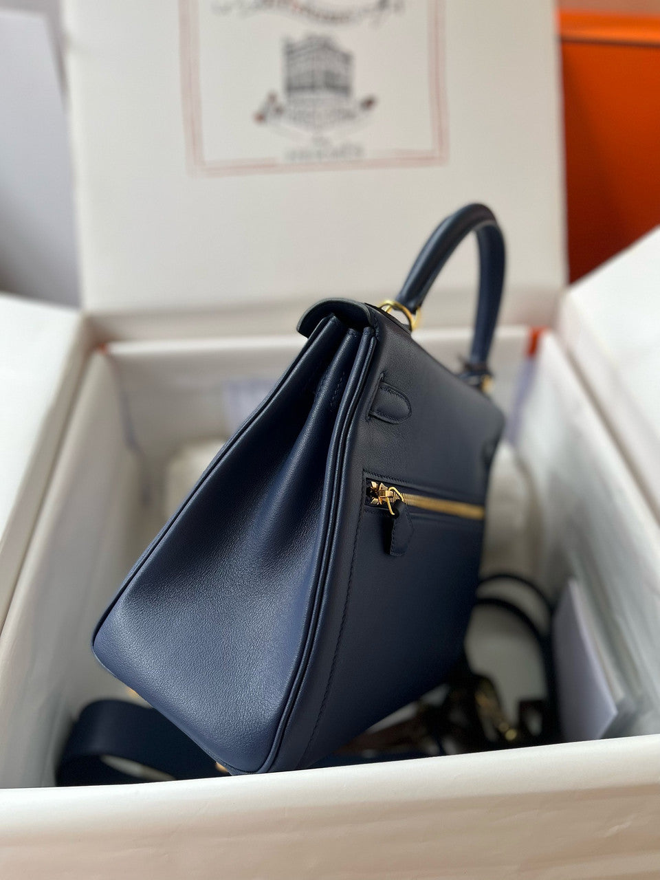 Hermes LIMITED EDITION Blue Sapphire SWIFT LEATHER LAKIS KELLY 28 WITH GOLD HARDWARE