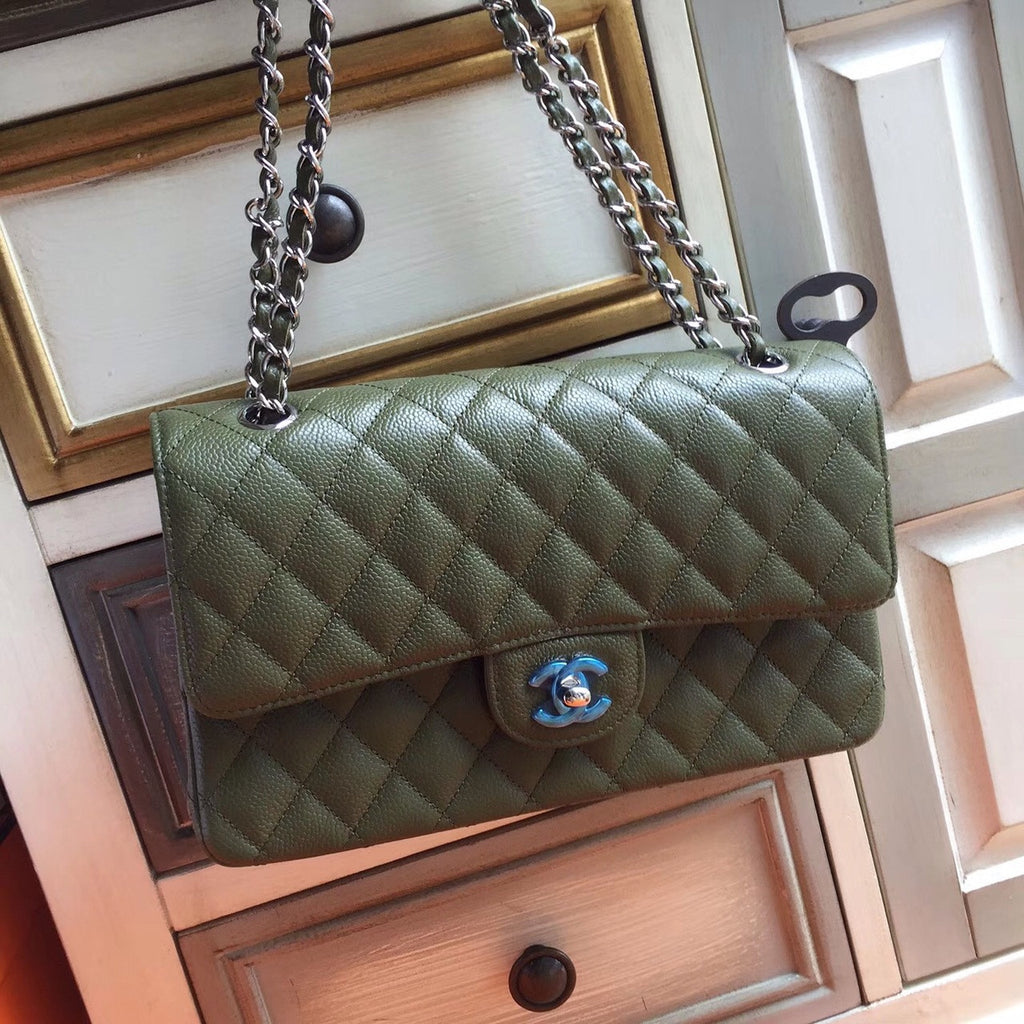 Chanel Khaki GreenCaviar Leather Classic Flap Bag