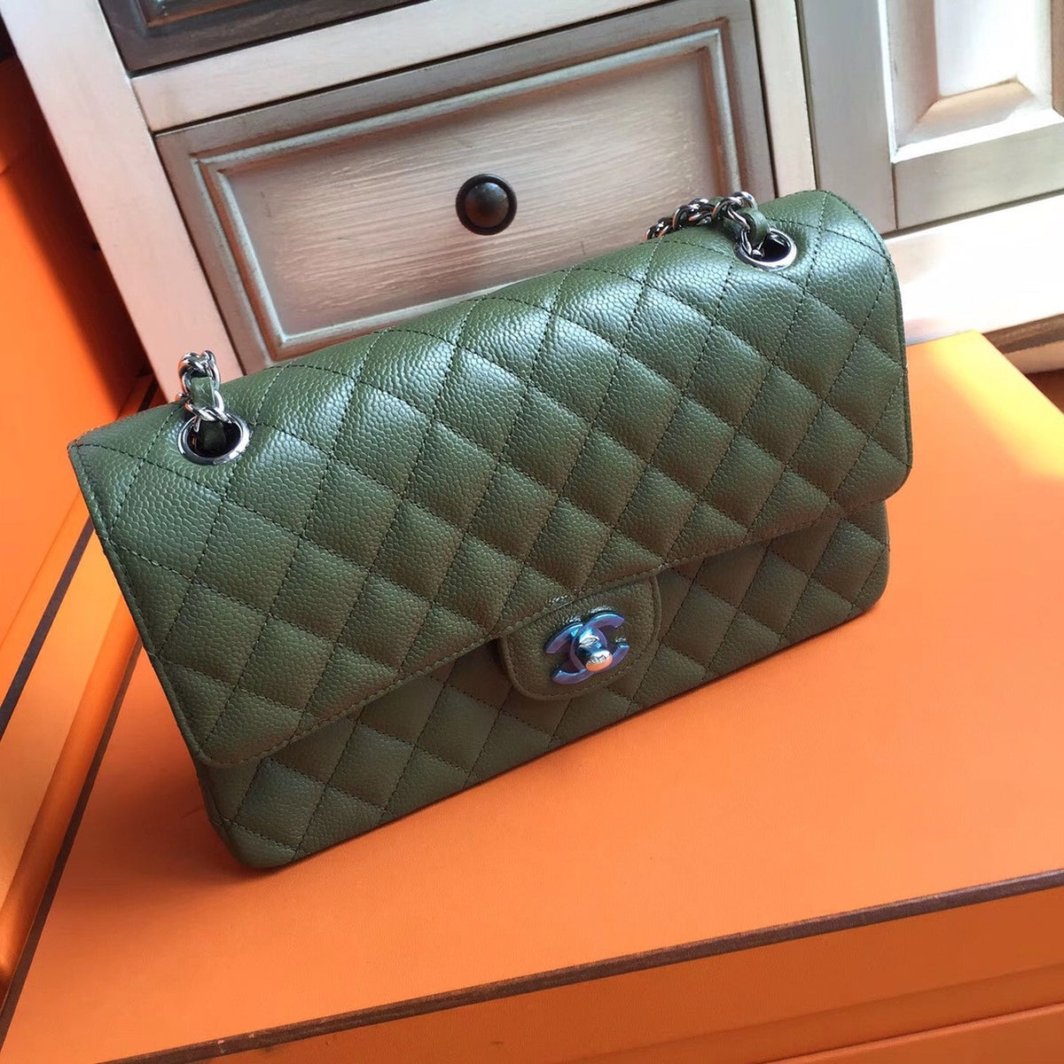 Chanel Khaki GreenCaviar Leather Classic Flap Bag