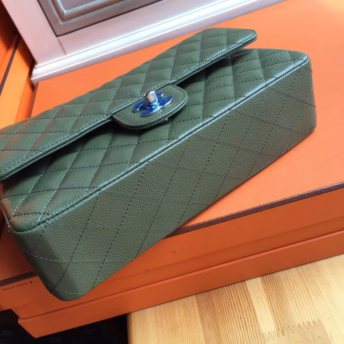 Chanel Khaki GreenCaviar Leather Classic Flap Bag