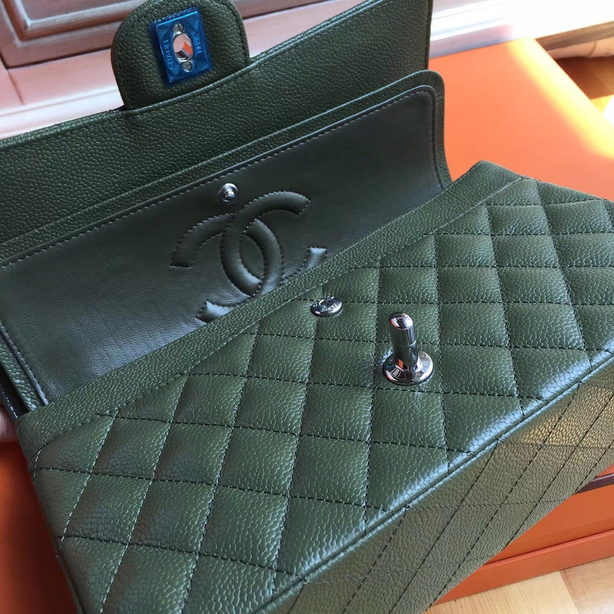 Chanel Khaki GreenCaviar Leather Classic Flap Bag