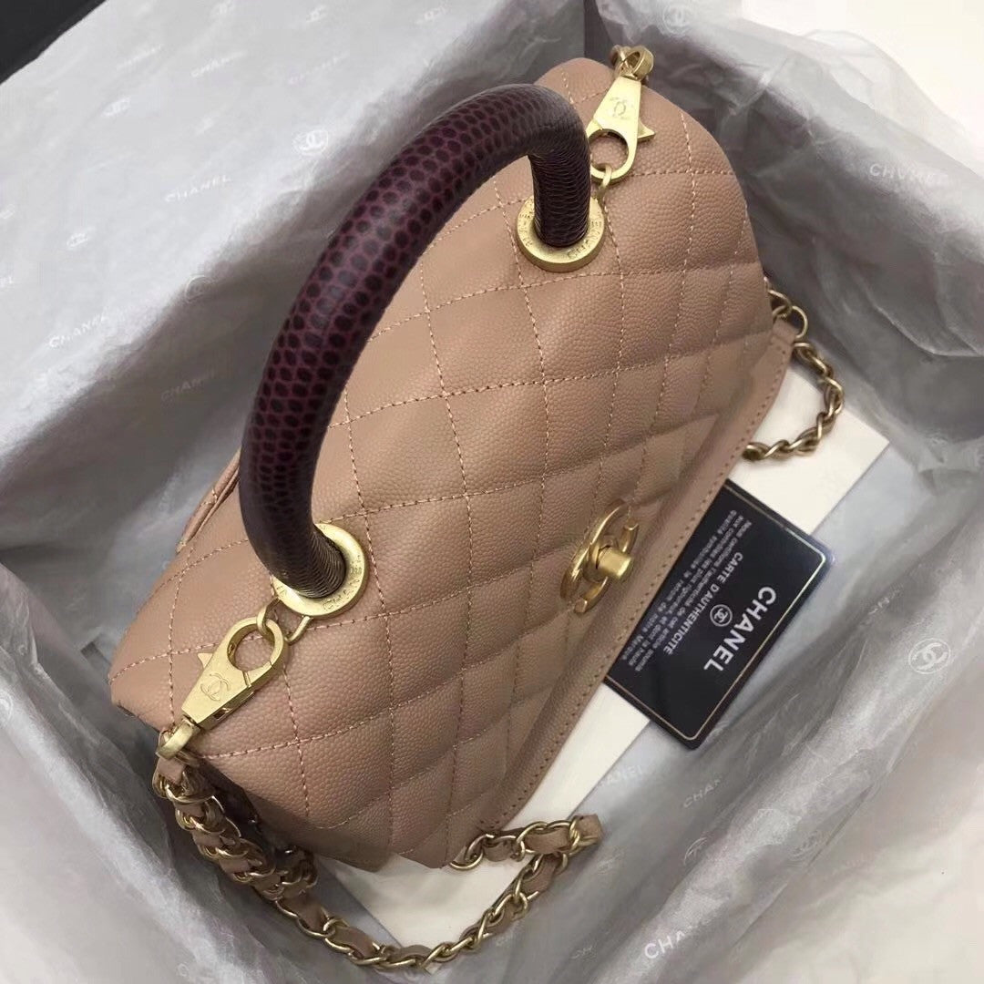 Chanel Caramel Calfskin/Lizard Coco Medium Handle Bag