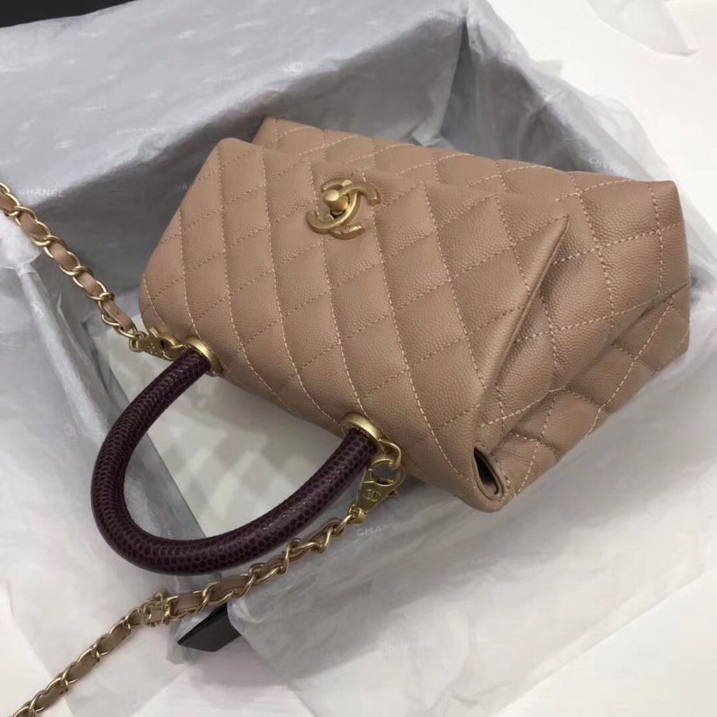 Chanel Caramel Calfskin/Lizard Coco Medium Handle Bag