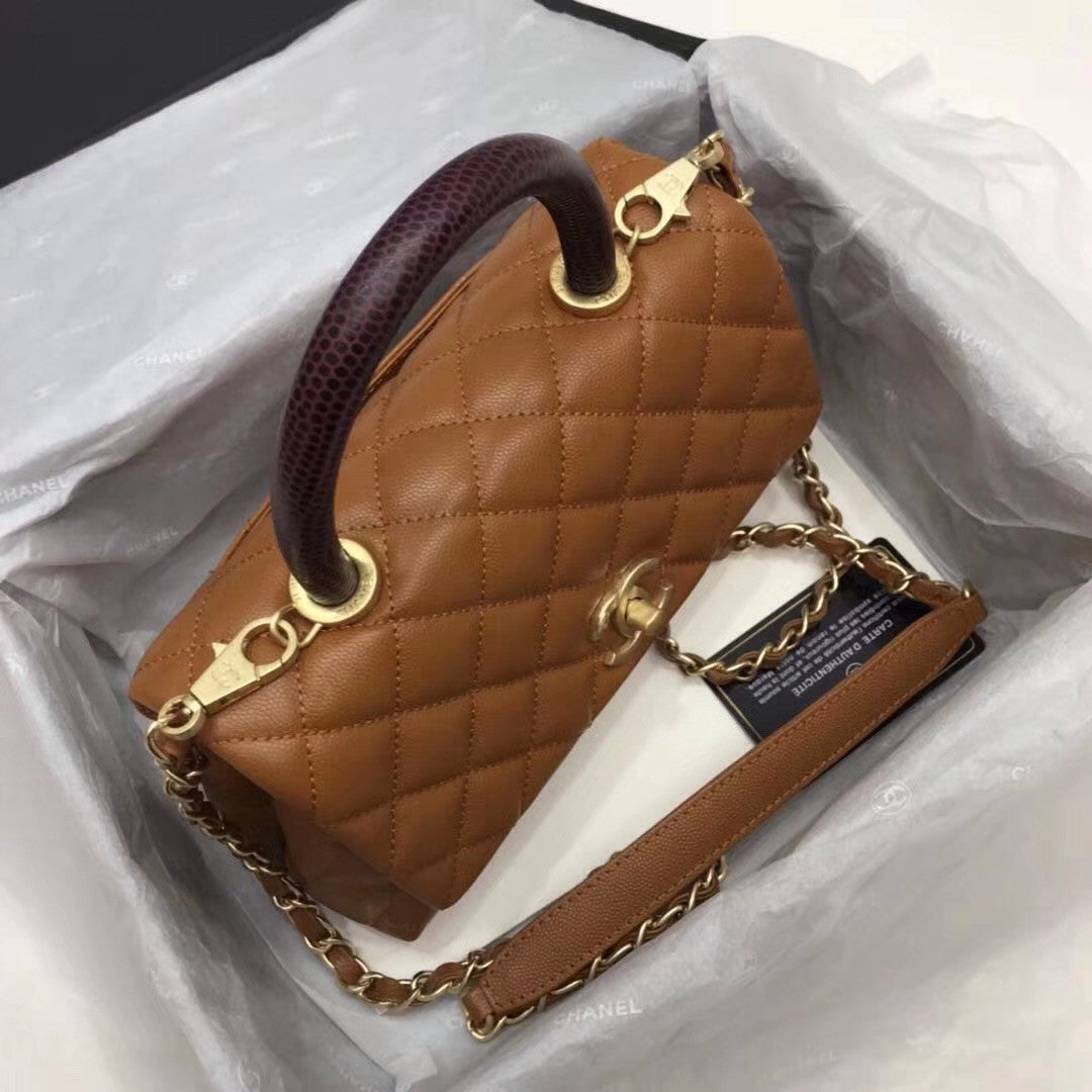 Chanel Tan Calfskin/Lizard Coco Handle Medium Bag