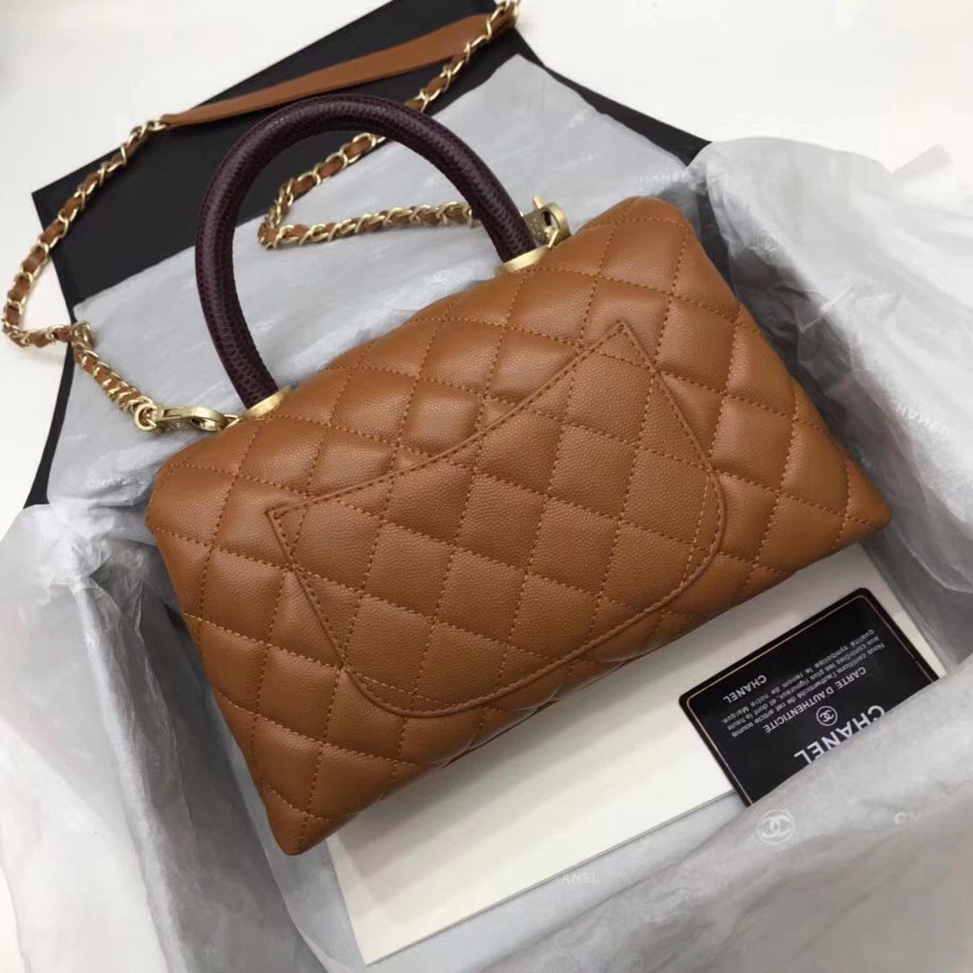 Chanel Tan Calfskin/Lizard Coco Handle Medium Bag