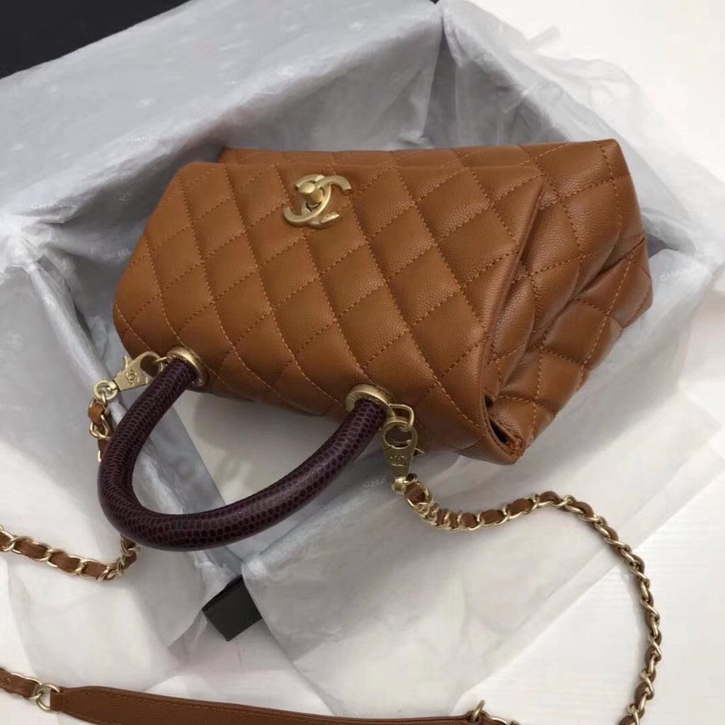 Chanel Tan Calfskin/Lizard Coco Handle Medium Bag