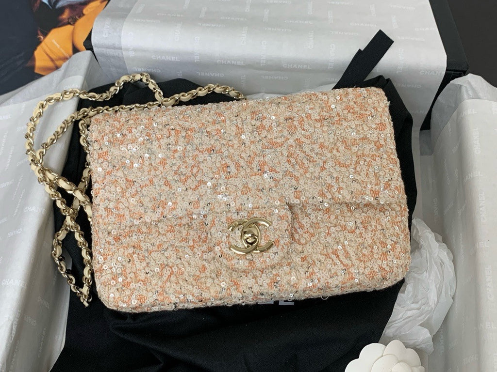 CHANEL FALL-WINTER 2024/25 BEIGE EVENING BAG Sequins & Gold-Tone Metal