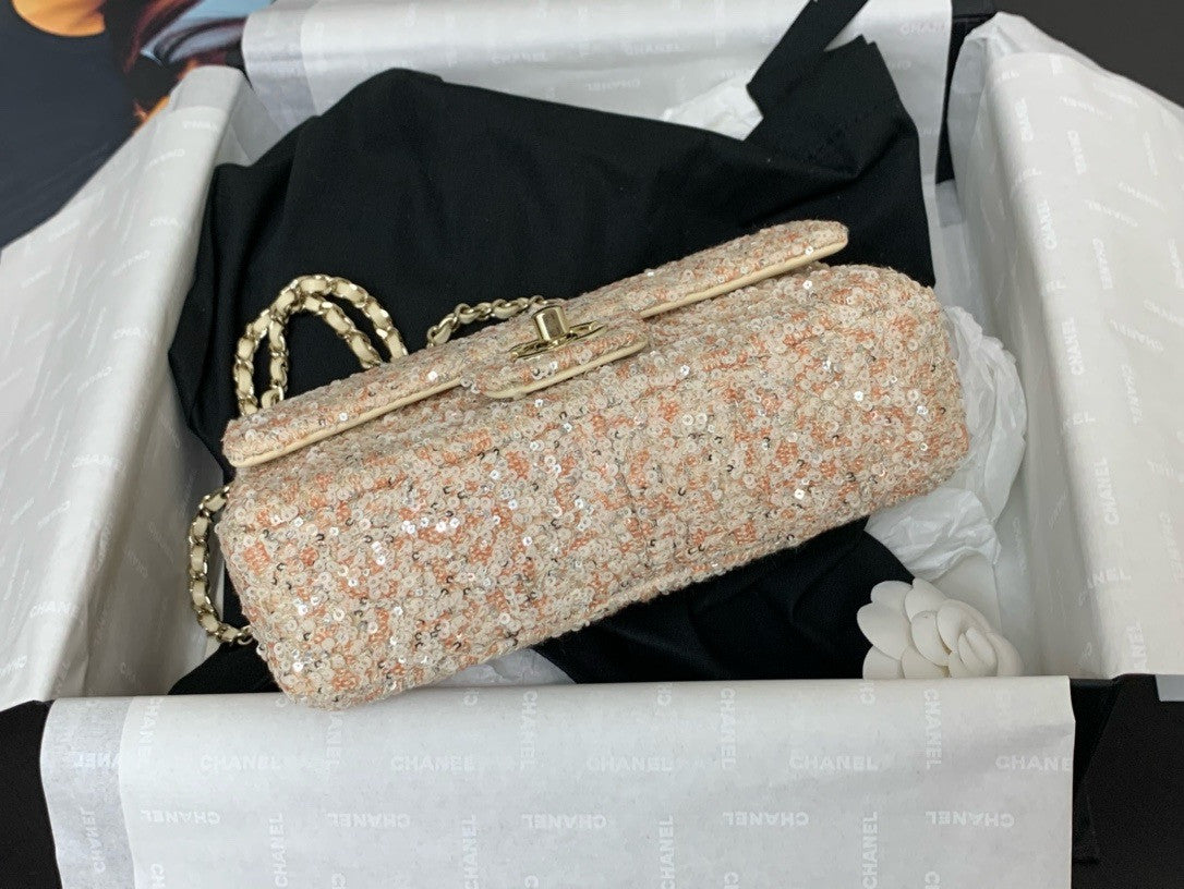 CHANEL FALL-WINTER 2024/25 BEIGE EVENING BAG Sequins & Gold-Tone Metal