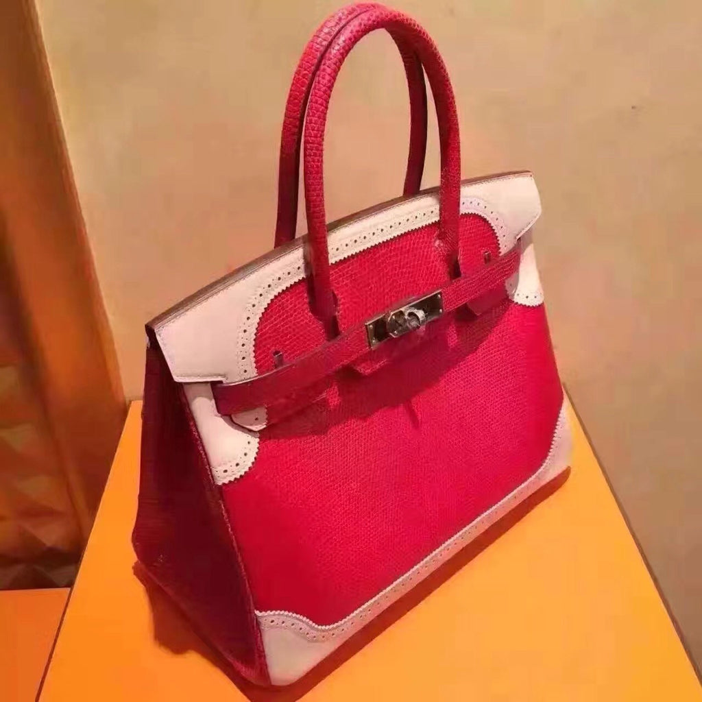 Hermes Limited Edition Rouge Vif Rose Dragee Ghillie Kelly 32cm Lizard Palladium Hardware