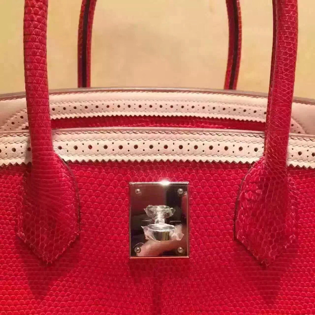 Hermes Limited Edition Rouge Vif Rose Dragee Ghillie Kelly 32cm Lizard Palladium Hardware