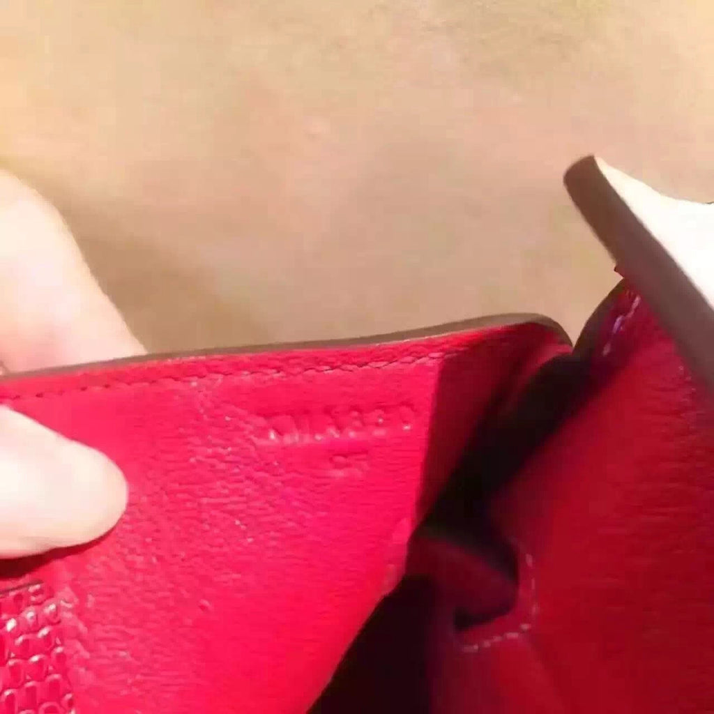 Hermes Limited Edition Rouge Vif Rose Dragee Ghillie Kelly 32cm Lizard Palladium Hardware