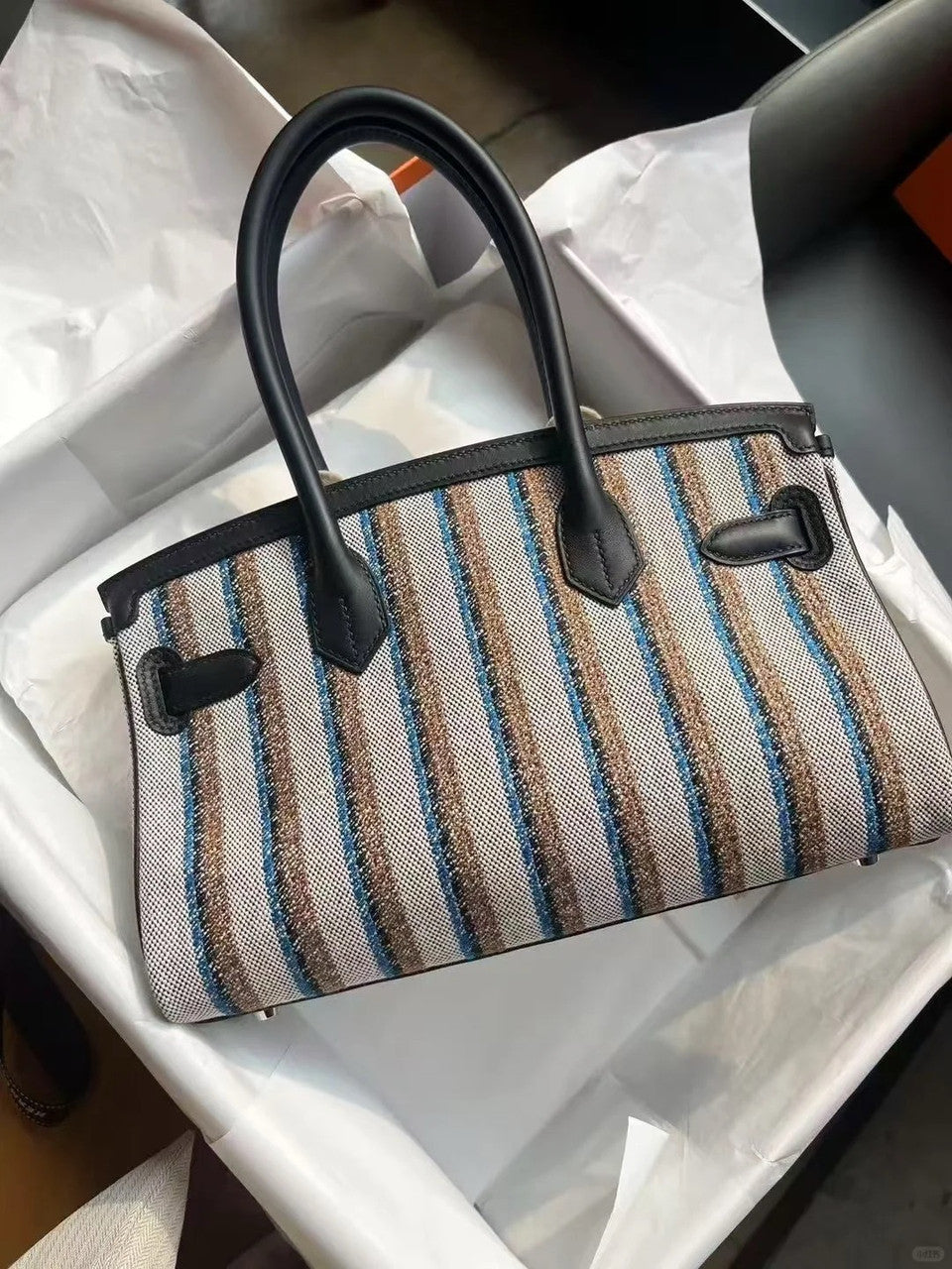 Hermes Birkin Shoulder light Toile H 39cm Black swift / Blue Pop-noir-Gold Phw