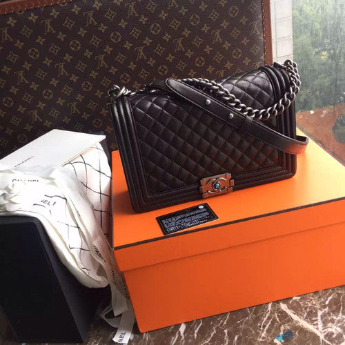 CHANEL Lambskin Black Large 28cm Boy Bag with Silver Hardware Chanel
